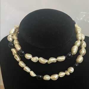 Elegant Pearl and Black Bead Necklace (long or choker adjustable )